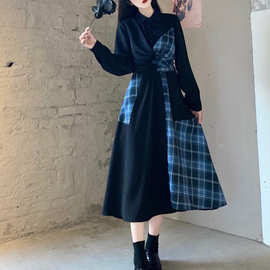 格子拼接不规则甜酷长裙子女秋冬大码收腰绑带黑暗公主衬衫连衣裙
