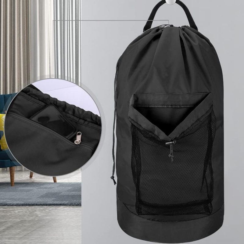 Mochila bolsa de lavandería mochila de lavandería correa de hombro y bolsillo de malla mochila de poliéster bolsa de ropa cesta con cuerda de extracción sellado