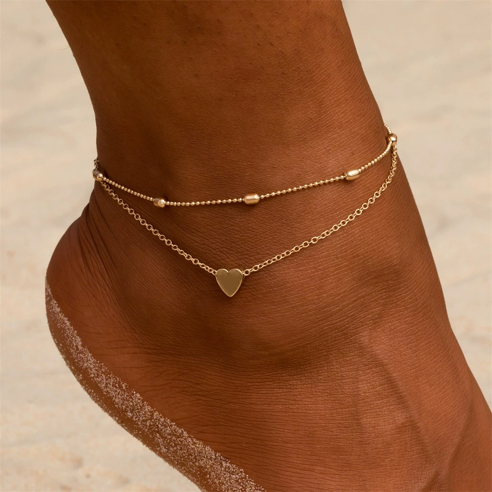  anklet (браслет на щиколотке) с сердечком, золотой или серебряный, круглые бусины, стиль лета на пляже