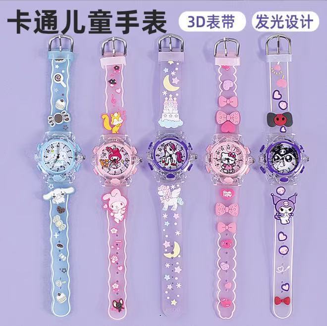 3D Cartoon Luminous Children's Watch Sanrio Kuromi Melody Silicone Strap Girls Student Quartz Watch