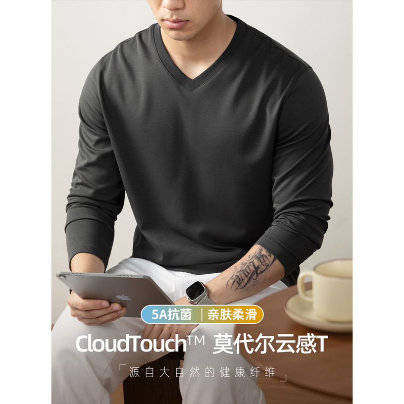 Cloudtouch ™ 260g Cloud-Sense Modal Cotton T-Shirt Long-Sleeved Men's Spring & Fall Smooth Classy V Neck Versatile Top
