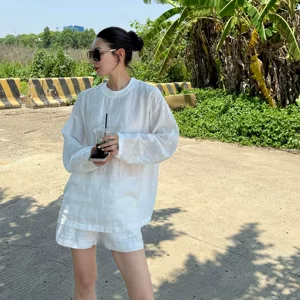慵懒风白色棉麻衬衫套装女夏简时尚约宽松亚麻T恤休闲短裤两件套
