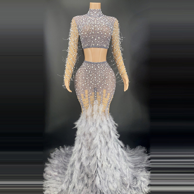 Birthday Party Two Piece Long Luxury Beaded Feather Dress Modern Dance Costume Party Wedding Long Sleeve Birthday Party Two Piece Long Luxury Beaded Feather Dress Modern Dance Costume Party Wedding Long Sleeve