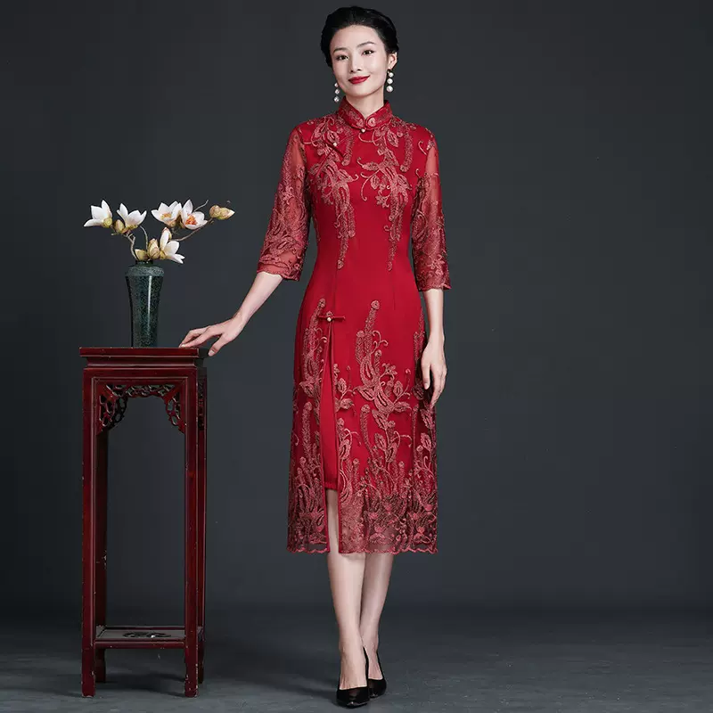 秋季焕新年轻妈妈蕾丝旗袍连衣裙喜婆婆时尚婚礼服宴会妈妈装批发