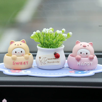 Car ornaments head animals cute car - cat-piglet-lucky-fruit-blue-lucky-mat