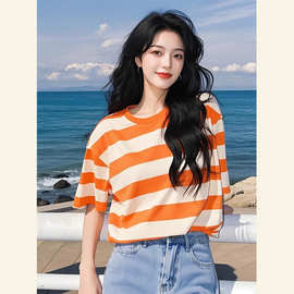 时尚橙色条纹短袖T恤女夏今年新款韩系穿搭超好看绝美休闲上衣潮