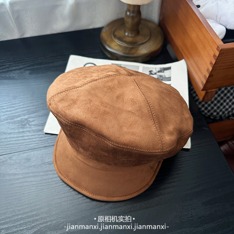 麂皮绒简约平顶软帽檐贝雷帽子女秋冬显脸小报童帽英伦风画家帽男|undefined