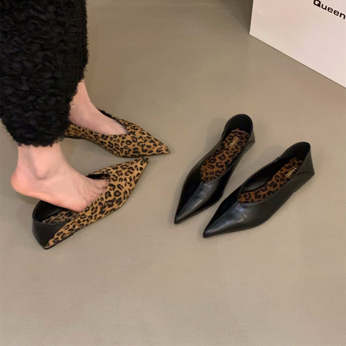 Flat Black Pointed Toe Shoes Women's Shoes 2025 New Spring Vintage Suede French Leopard Print Shallow Mouth Shoes