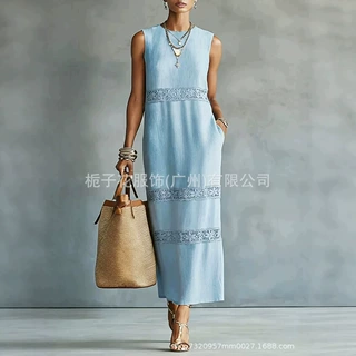 跨境欧美新款夏季女式圆领纯色蕾丝优雅时尚无袖宽松简约连衣裙女
