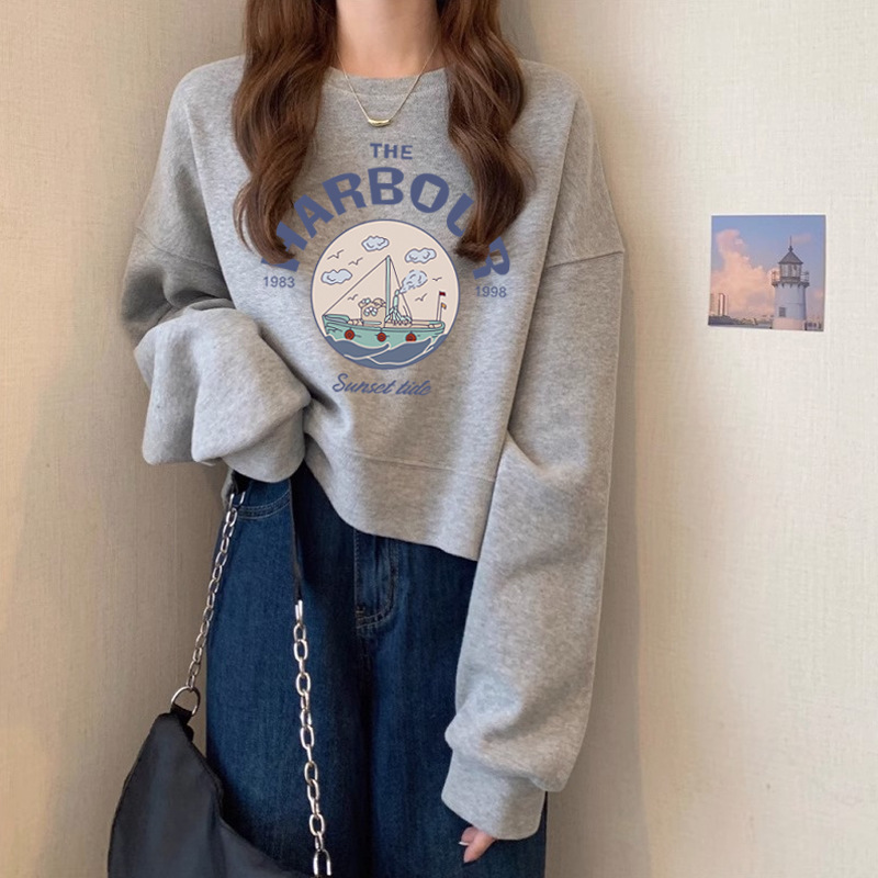 圆领套头短款卫衣女加绒加厚秋冬上衣宽松高腰显瘦小个子春秋薄款|undefined