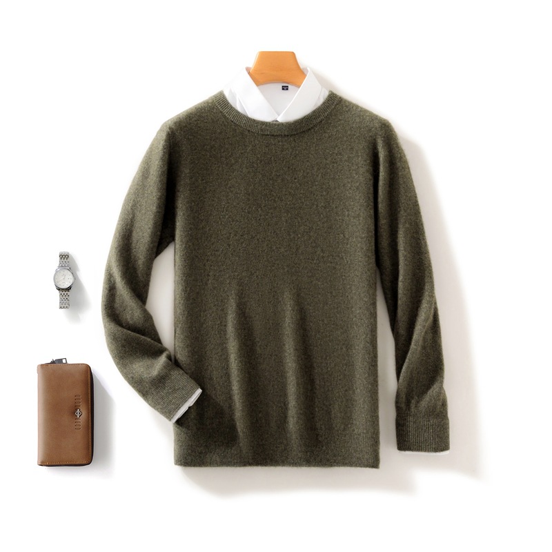 Casual round neck pure wool men's autumn and winter solid color pullover basic versatile knitted top base sweater_voghion.com