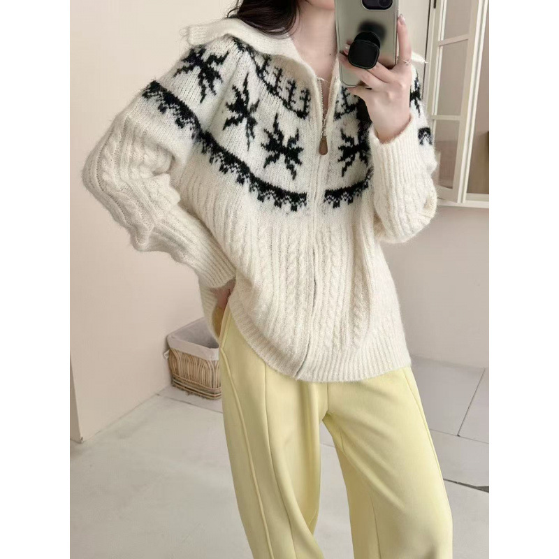 Alpaca Jacquard corteza suéter con cremallera chaqueta coreana gran solapa de pelusa sensación suave chaqueta glutinosa