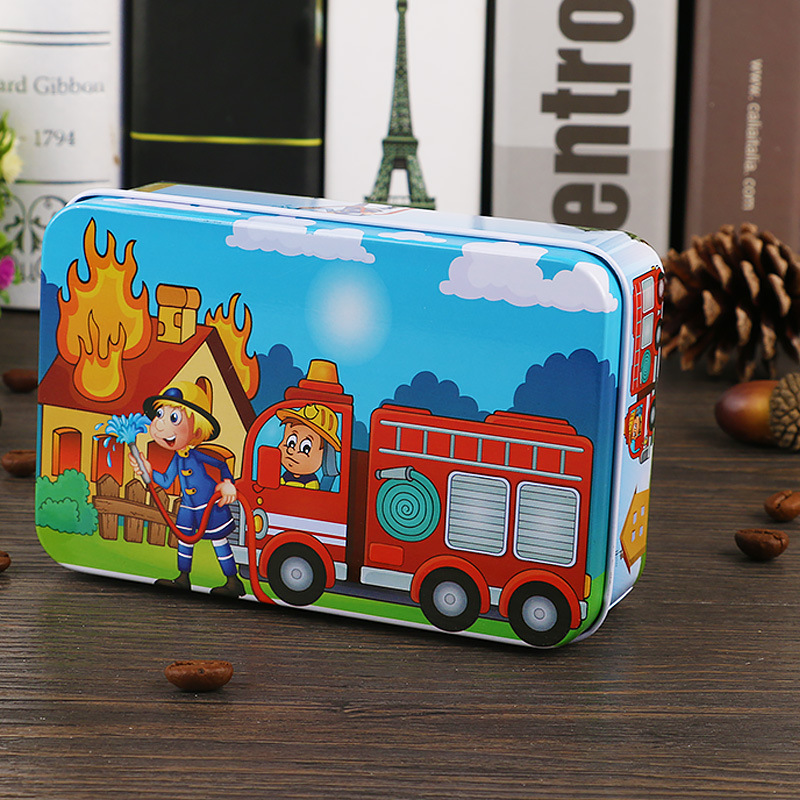 Nuevo estilo 60 piezas 200 piezas dibujos animados para niños dibujos animados madera caja de hierro rompecabezas bebé escuela primaria juguetes educativos al por mayor