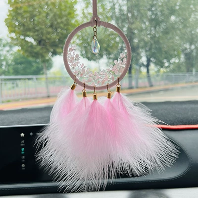 Car pendant feather crystal stone dream catcher car interior decoration rearview mirror pendant women's car decoration finished product (Car hanging) - moon-crystal-car-hanging-pink