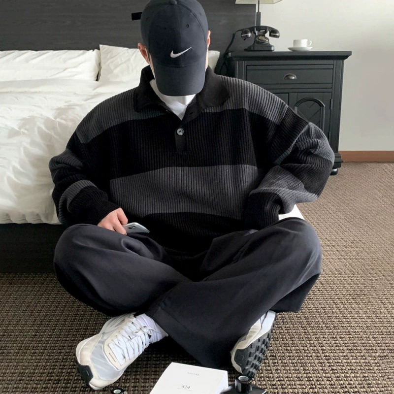 Цветной контрастный полосатый свитер MYQ, мужской весенне-осенний корейский модный свитер с лацканами, Свободный Повседневный Топ