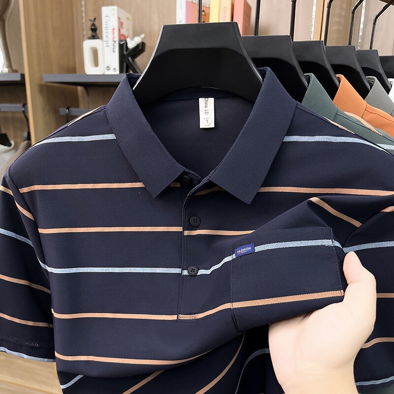 Wholesale Summer Striped Polo Shirts for Men, Short-Sleeve Business Casual Classic Turn-Down Collar T-Shirts with Real Pockets, Dad-Style Tops Wholesale Summer Striped Polo Shirts for Men, Short-Sleeve Business Casual Classic Turn-Down Collar T-Shirts with Real Pockets, Dad-Style Tops