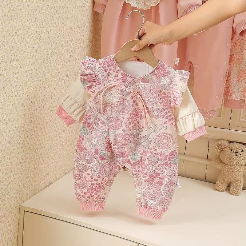 婴儿新生儿连体衣衣服春秋哈衣宝宝百天双层满月周岁中式礼服国风