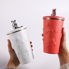 新型メッキ熊コーヒーカップ密封ストローカップ304ステンレス保温カップ大容量随行車載カップル