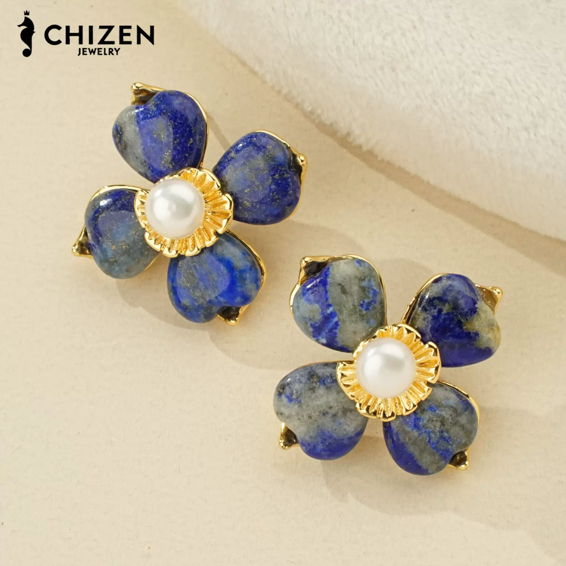 跨境天然淡水珍珠耳钉天蓝法式甜酷风四叶草源头工厂东南亚批发