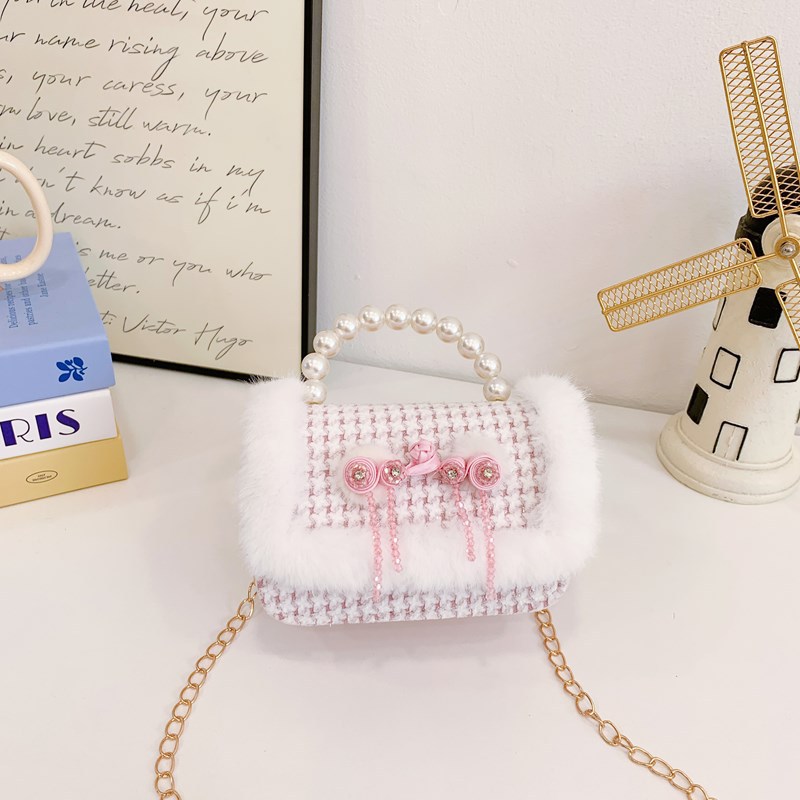 2025 bolsos de Año Nuevo para niños bolsos de perlas princesa de estilo cuadrado bolsos de hombro de cadenas de peluche niñas