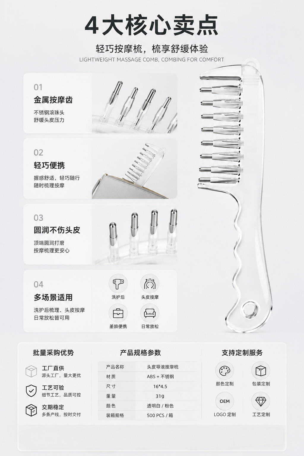Crystal Scalp Massage Comb with Roller Ball Applicator Manual Head Massage Tool for Essential Oil Hair Care 31g in use