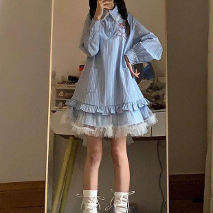 夏季日系學院風藍色條紋襯衫連衣裙女甜美小個子蕾絲拼接蓬蓬短裙