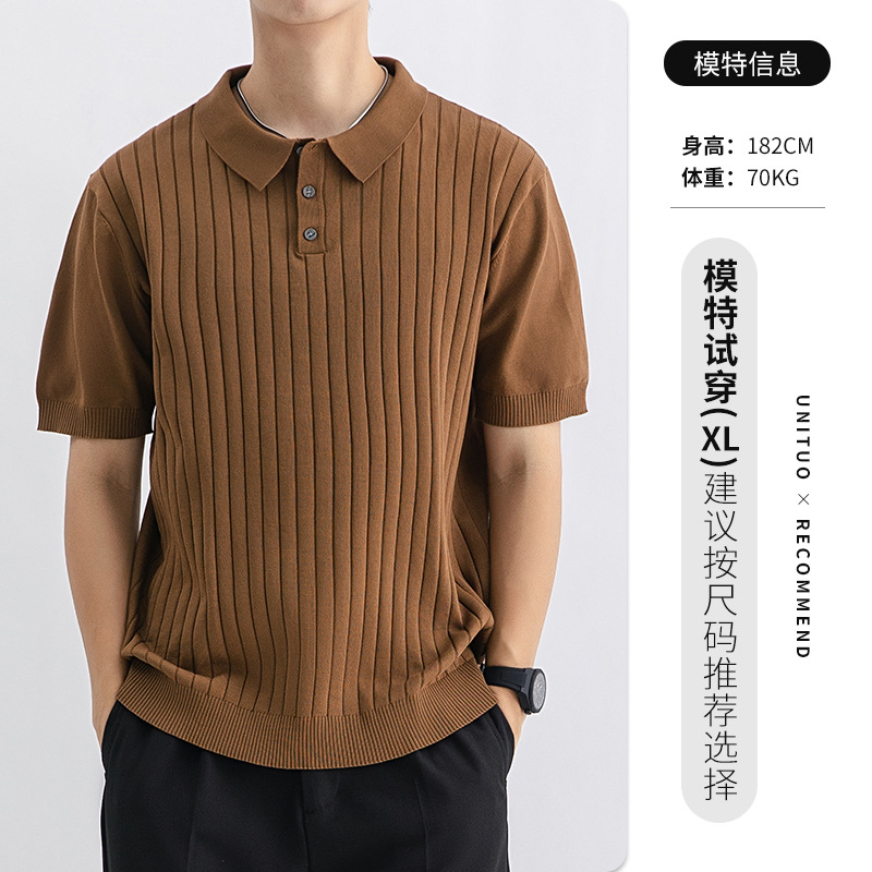 Polo de hielo de punto para hombres, verano, cuello de manga corta, camiseta de cuello antiarrugas de negocios casuales, camiseta de cuello transpirable para hombres