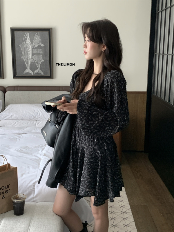 the limon柠檬绿茶2025秋设计感碎花长袖连衣裙女小个子雪纺短裙|undefined