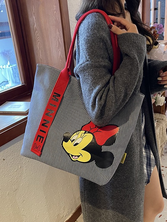Cartoon lindo gran capacidad bolso de mano para mujeres nueva moda tela rayas simple bolso de hombro de viaje
