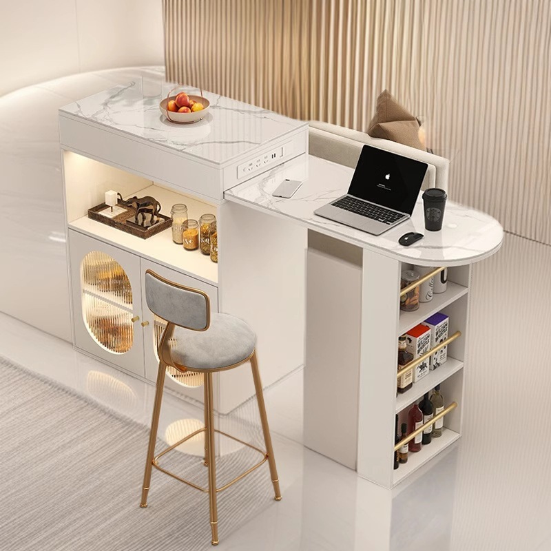 Home Small Apartment Retractable Rotating High Table Internet Celebrity Living Room Bar Table with Plug-In Strip Light Luxury Sideboard Leisure