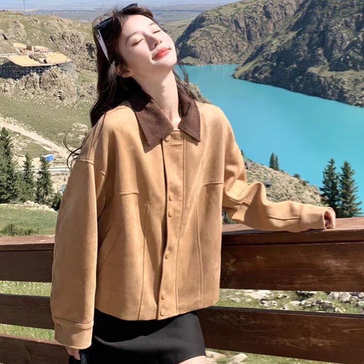 翻领撞色设计外套女秋季仿麂皮2025新款夹克休闲宽松复古短款上衣|undefined