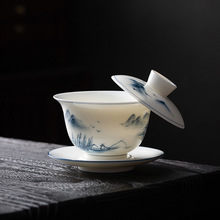 景德镇纯手绘三才盖碗茶杯单个高端青花瓷山水画冲茶碗陶瓷不烫手