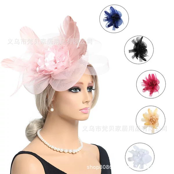 European and American Church Tea Party Bride Feather Hair Accessories Vintage Topper Hairpin Veil Hair Accessories Mesh Headwear catwalk hair accessories