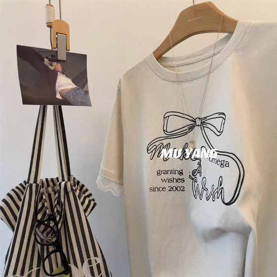 South Korea Door Lace Bow Printed Loose Short-sleeved T-shirt Women's Summer 25 New Design Sense Top Ins