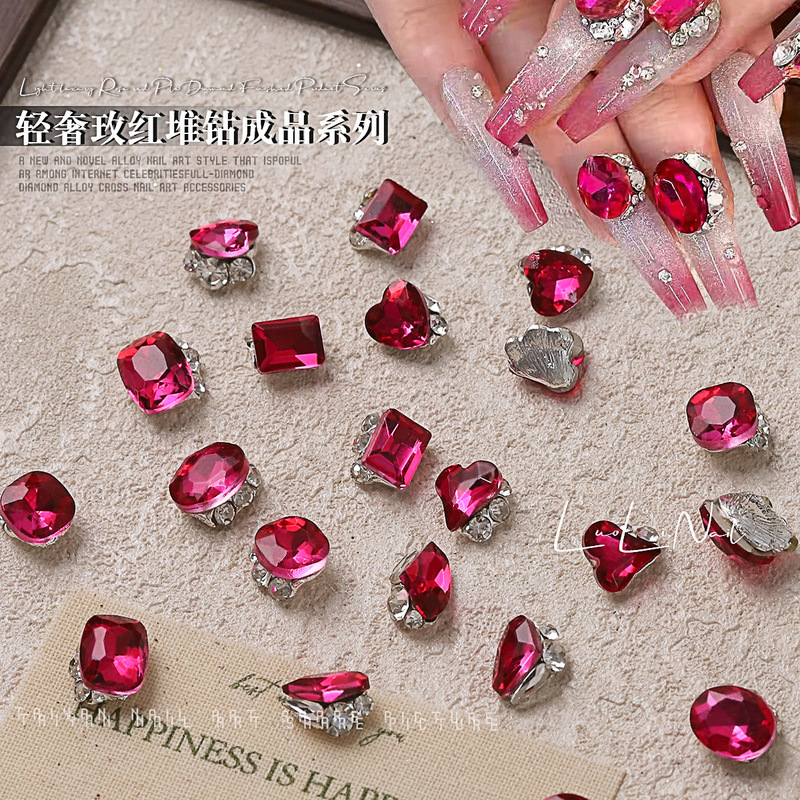 Rose Red Nail Art with Stacked Rhinestones, Light Luxury Dazzling Heart Ax Tilted Heart Stacked Rhinestone Finished Alloy Nail Art Rhinestone Decoration Rose Red Nail Art with Stacked Rhinestones, Light Luxury Dazzling Heart Ax Tilted Heart Stacked Rhinestone Finished Alloy Nail Art Rhinestone Decoration