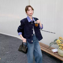 藏青色设计感格纹拼接小香风外套女2025早春新款时髦洋气设计上衣