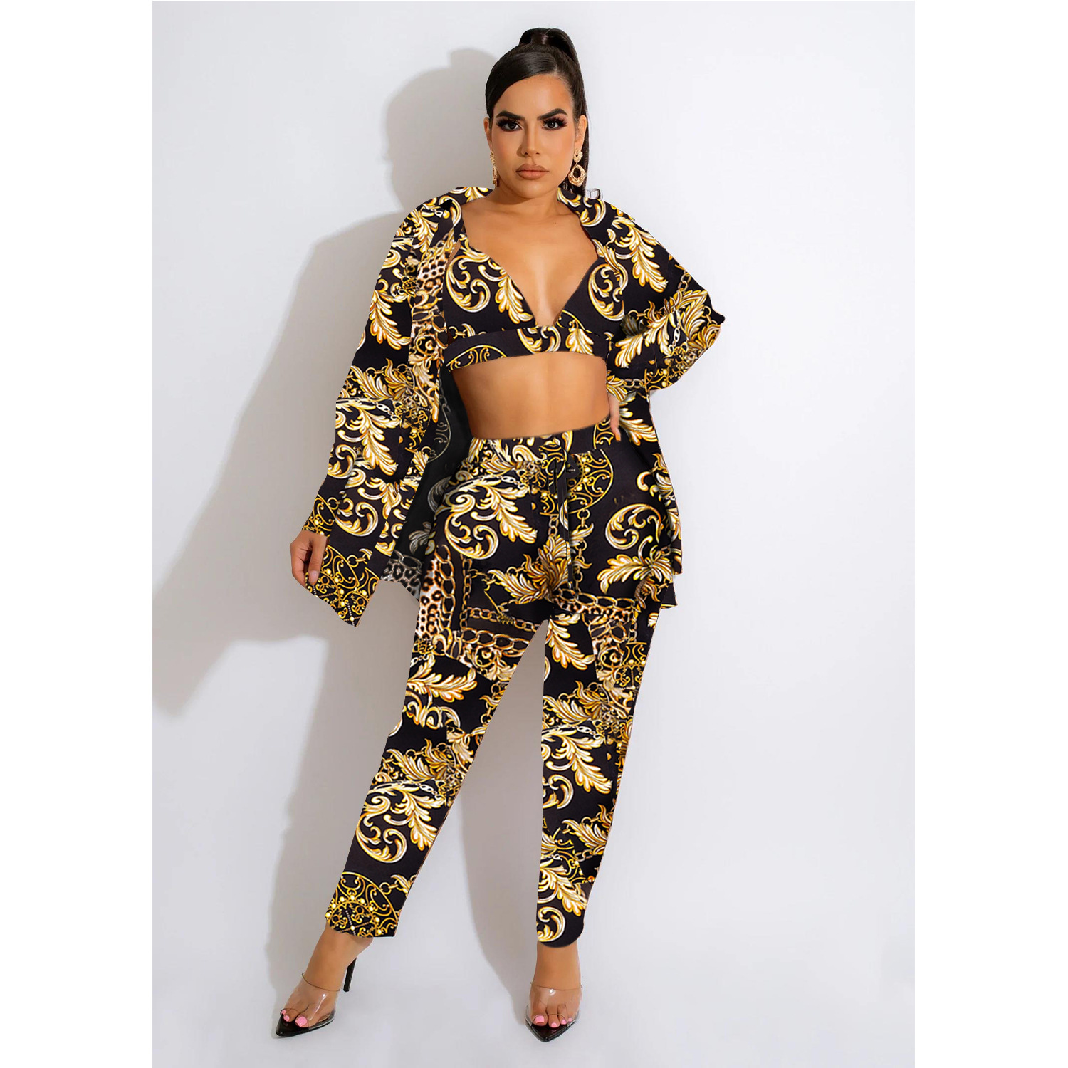 Women's Pant Set With Long Sleeved Collared Jacket And Trousers_voghion.com