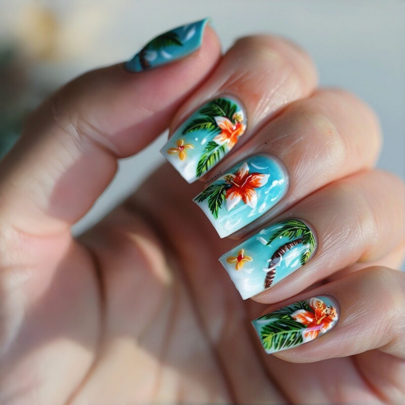 Hand-Painted Summer Beach Square-Shaped Wearable Nails with Tropical Palm Trees and Hibiscus Flowers, Glossy Acrylic Fake Nails Tc-55 Hand-Painted Summer Beach Square-Shaped Wearable Nails with Tropical Palm Trees and Hibiscus Flowers, Glossy Acrylic Fake Nails Tc-55