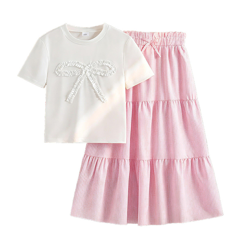 Niñas y niños grandes trajes transfronterizos dulces y frescos de color sólido mangas cortas casuales de cintura alta capa de falda de cintura grande dos piezas
