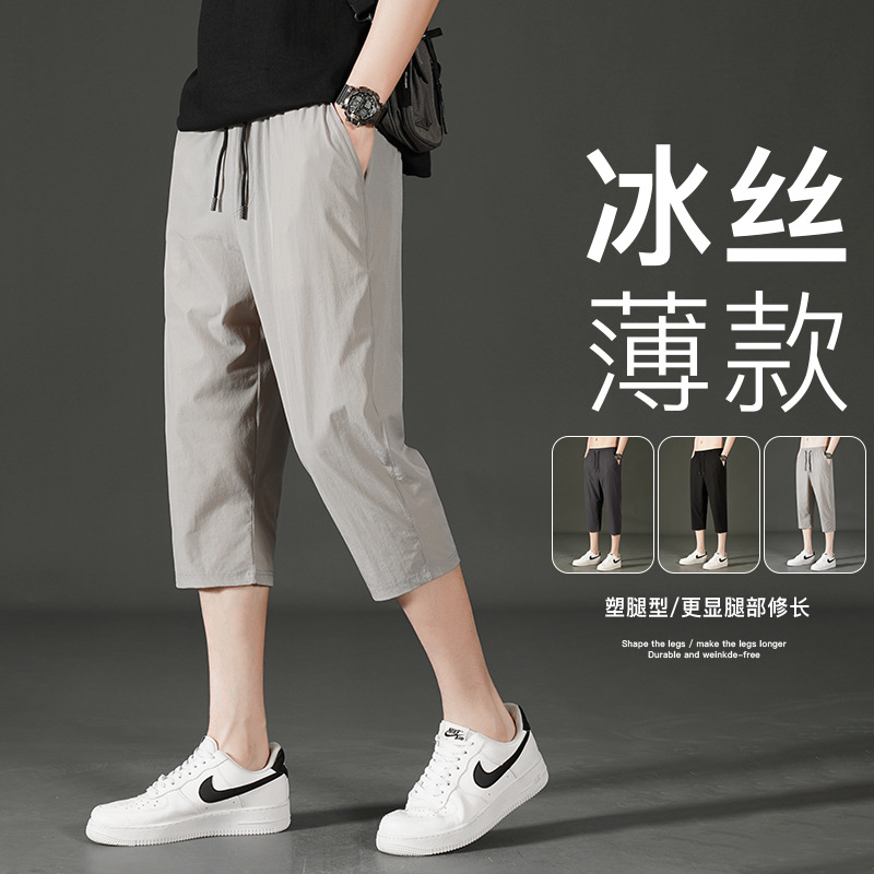 Summer New Arrival Nylon Ice Silk Cropped Pants Men's Straight Leg Casual Sports Elastic Quick-drying Small Leg Plus Size Medium Shorts