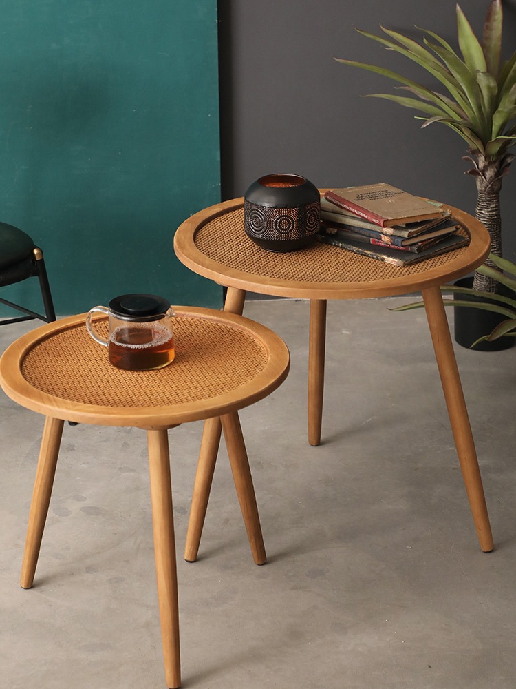 OD59批發波西米亞美式復古實木茶几藤編沙發邊幾家居陽台圓桌民宿