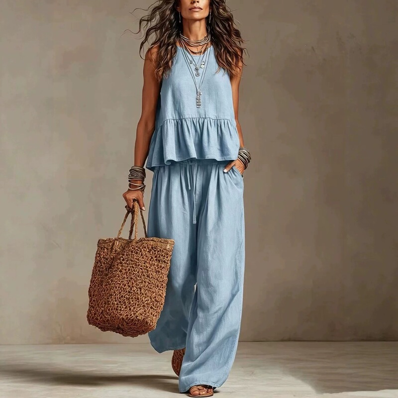 2026 New Summer European and American Cross-Border Independent Station Women's Clothing Simple Casual Cotton and Linen Ruffled Sleeveless Wide-Leg Set 2026 New Summer European and American Cross-Border Independent Station Women's Clothing Simple Casual Cotton and Linen Ruffled Sleeveless Wide-Leg Set