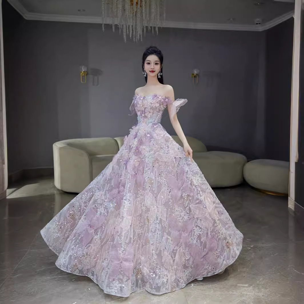 Damenbekleidung French Toast Kleid Braut eine Schulter Schmetterling Blume Fee Bankett Abendkleid für Erwachsene_voghion.com