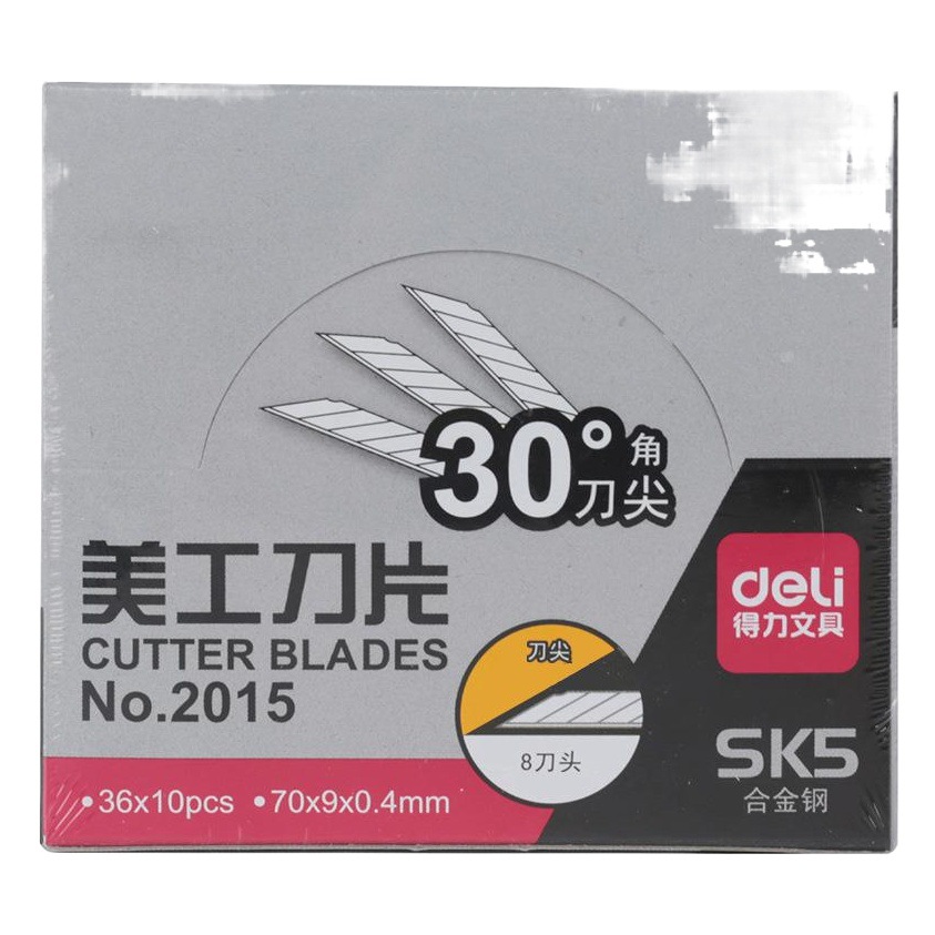 Deli 2015 hoja de cuchillo de arte 30 ° Cabeza de corte oblicua tamaño pequeño 9mm metal aleación de acero cuchillo de corte de papel pieza 10 unids/caja