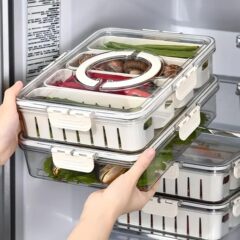 跨境四格沥水收纳盒厨房冰箱密封盒手提便携水果盒食物收纳沥水篮