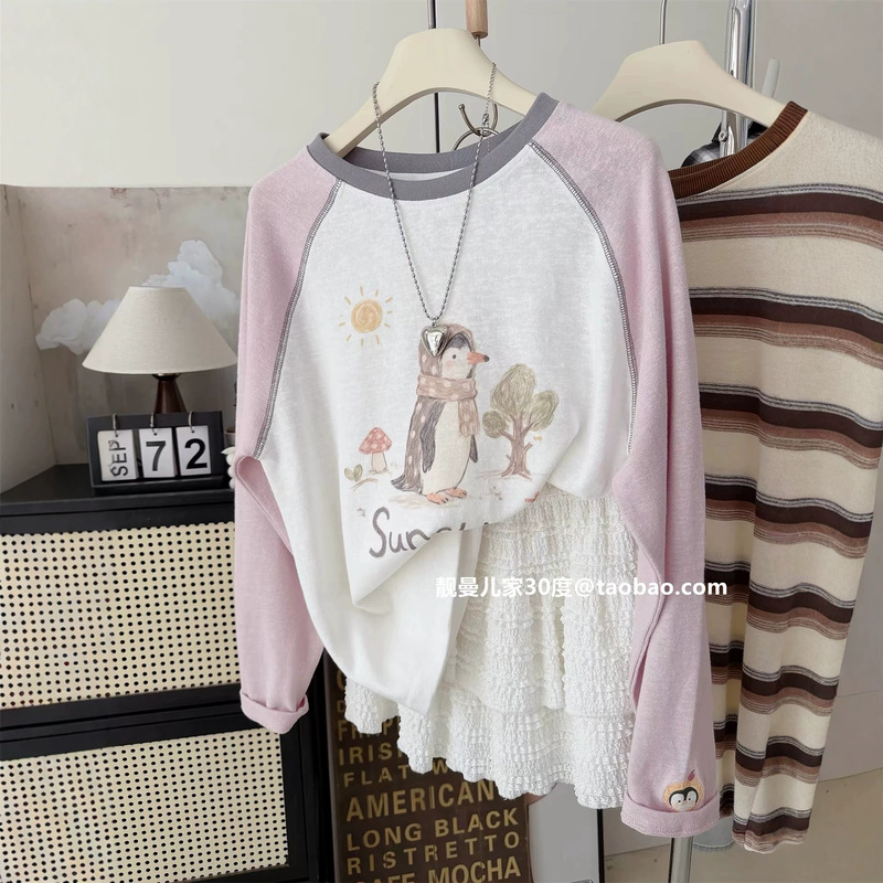 Soft and cute~ Soft, comfortable, loose-fitting women's spring raglan sleeve top, Korean style penguin print long-sleeve base T-shirt Soft and cute~ Soft, comfortable, loose-fitting women's spring raglan sleeve top, Korean style penguin print long-sleeve base T-shirt