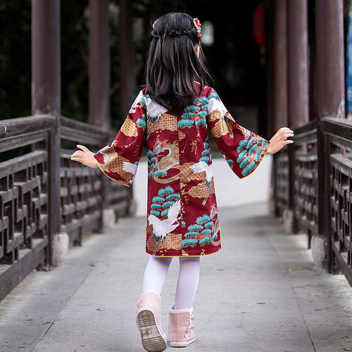 Girls' cheongsam autumn new children's Chinese style hot stamping buckle retro Hanfu dress baby one-year-old dress