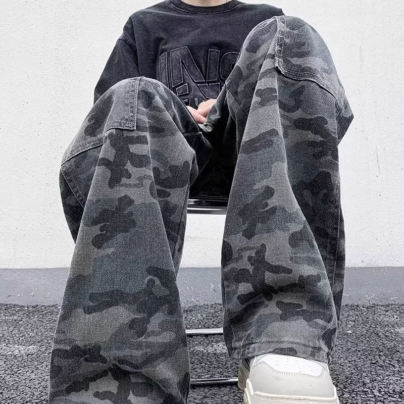 Мужские camouflage длинные брюки для отдыха, плюс сайз, оверсайз, свободный прямой крой