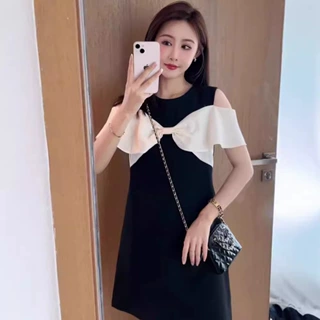 H24166小黑裙蝴蝶结露肩连衣裙女夏天圆领短袖显瘦洋气黑色小礼裙