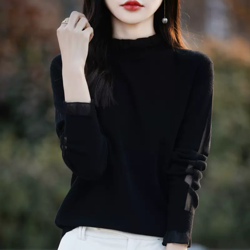 精纺羊毛2024秋冬新女短款宽松花边圆领蕾丝镂空打底衫针织衫毛衣